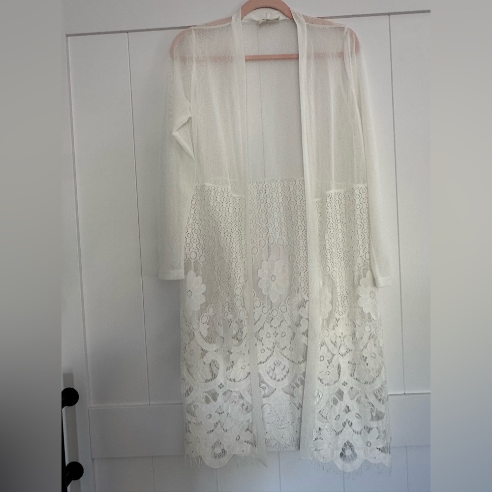 Ember White Lace Kimono Duster Cardigan Style Open Front SZ S